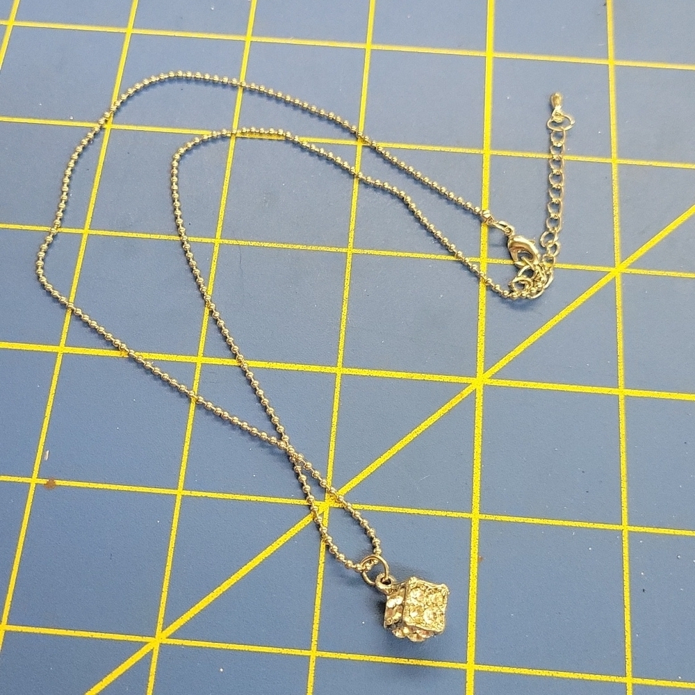 Square Rhinestone Encrusted Box Silver Ball Chain 16"  Necklace